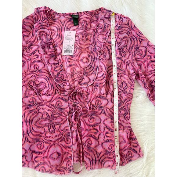 NWT Wild Fable Pink Geometric Print Tie Front Long Sleeve Chiffon Top Size Small - Picture 9 of 14